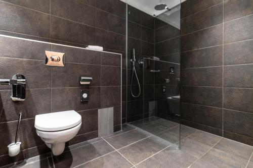 a bathroom with a toilet and a shower at Montivas Lodge in Livigno