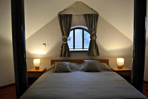 a bedroom with a large bed with a window at Hotel Istra in Varaždin