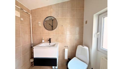 a bathroom with a sink and a toilet and a mirror at Holeby Apartment 2 - next to Femern Puttgarden Lalandia Knuthenborg in Holeby