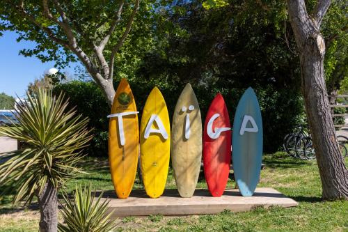 a group of surfboards are lined up in a row at TAIGA Tarifa Valdevaqueros in Tarifa