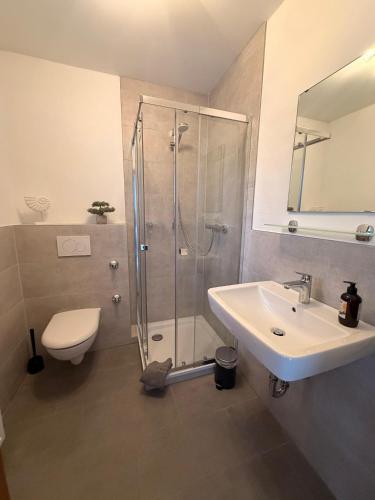 a bathroom with a shower and a sink and a toilet at Campingplatz Weserterrassen Polle in Polle