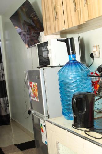 a large blue bottle sitting on a counter next to a refrigerator at The Quiet Nest in Ruiru
