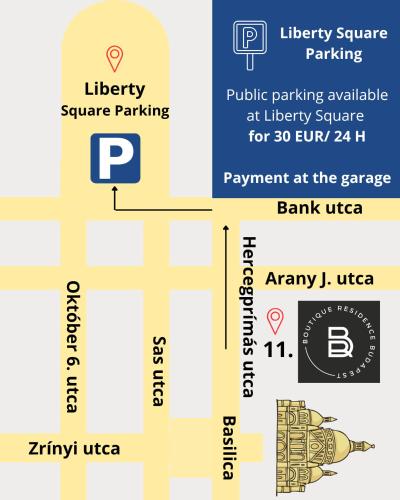 a map of the entrance to the library square parking lot at Boutique Residence Budapest in Budapest