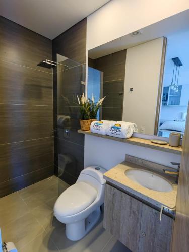 a bathroom with a toilet and a sink and a mirror at 18 El escape perfecto frente al mar in Santa Marta