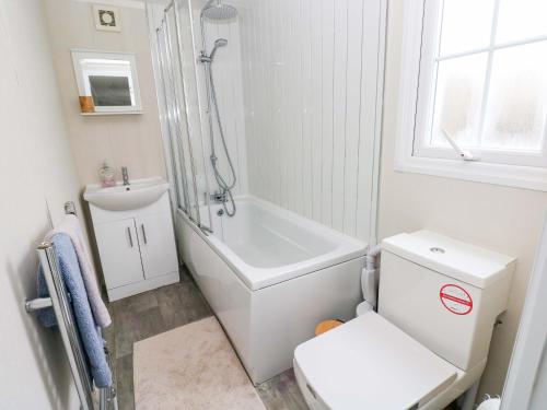 a bathroom with a shower and a toilet and a sink at Meadows Farm Lodge in Swansea