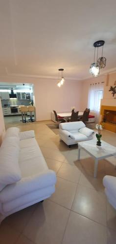a large living room with couches and tables in it at Sofia villa in Elaiokhórion