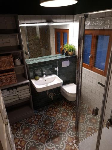 a bathroom with a sink and a toilet at Das Heide Blockhaus in Handeloh