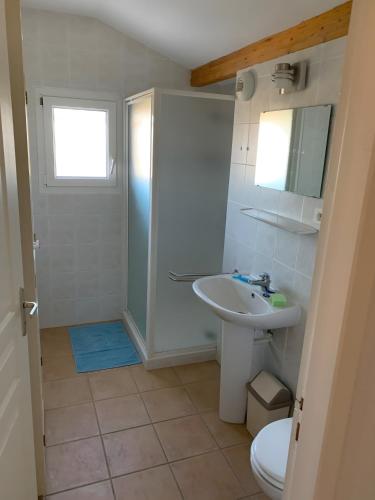 a bathroom with a shower and a sink and a toilet at Villa les Mazes in Vallon-Pont-dʼArc