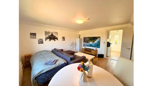 a living room with a bed and a couch at Holeby Apartment 1 - next to Femern Puttgarden Lalandia Knuthenborg in Holeby
