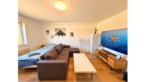 a living room with a couch and a flat screen tv at Holeby Apartment 1 - next to Femern Puttgarden Lalandia Knuthenborg in Holeby