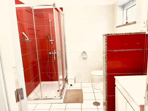 a bathroom with a shower and a toilet at Casa de Casarelhos AL- T2 - AC - Terraço - BBQ - "Gerês" in Geres