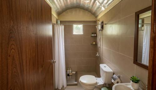 a bathroom with a toilet and a sink and a shower at Midnite Inn in Panglao Island