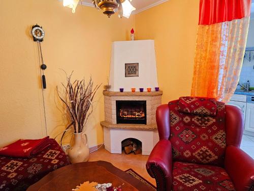 a living room with a chair and a fireplace at Ferienhäuser Harmonie I & II in Burg Kauper