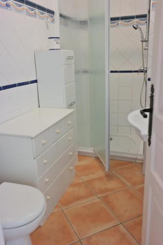 une salle de bain avec toilettes, douche et lavabo dans l'établissement Grau du Roi Le Sémaphore, au Grau-du-Roi