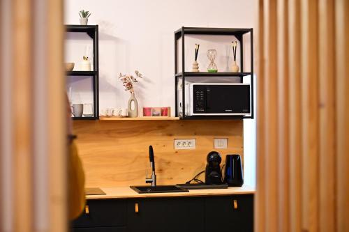 a kitchen with a counter top with a microwave at FLH - Hömvert in Sibiu