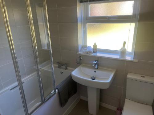 a bathroom with a sink and a shower and a toilet at Lower Mill Apartment in Newmilns