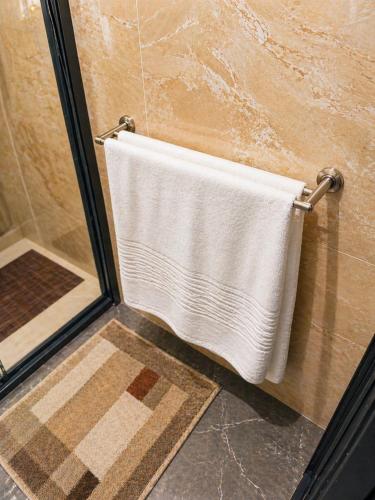 a white towel hanging on a wall in a shower at Praia City Apartments in Praia