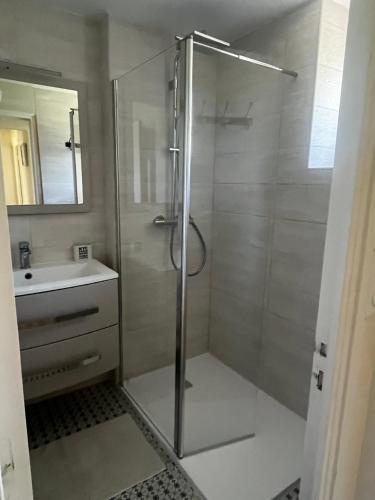 a shower with a glass door in a bathroom at Gîtes du Clos du Ratz in Arradon