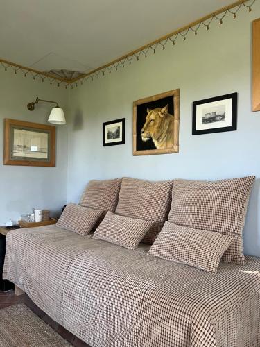 ein Bett in einem Schlafzimmer mit einem Bild eines Löwen in der Unterkunft Villa Leopardi in Vignale