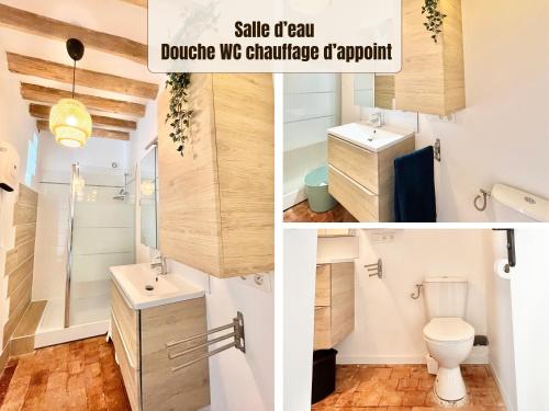 a collage of photos of a bathroom with a sink and a toilet at Baolocation Bouhy - Idéal famille & groupe d'amis -16min Guédelon - Wifi in Bouhy