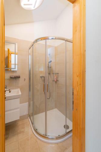 a shower with a glass door in a bathroom at Bárka a Tiszához apartman in Tiszaug
