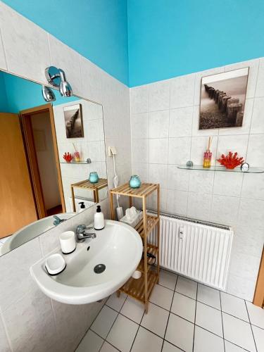 a bathroom with a white sink in a room at Arminos Apartment Li in Chemnitz