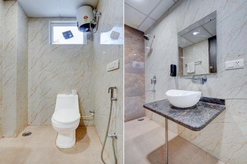 two pictures of a bathroom with a toilet and a sink at Roomquet comfort in Prayagraj