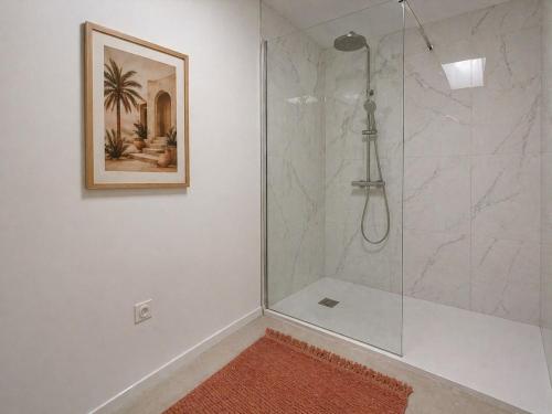 a bathroom with a shower with a picture on the wall at Appartement Imalia Prestige et Elegance in Bray-Dunes