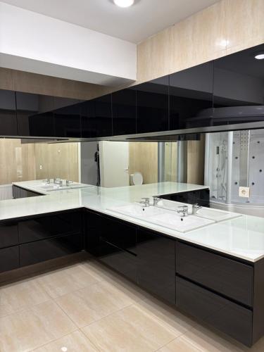 a large bathroom with two sinks and black cabinets at Rania Penthouse 1 in Şelimbăr