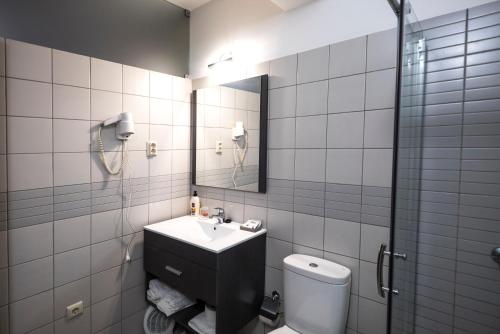 een badkamer met een wastafel, een toilet en een spiegel bij Flor Do Douro in Miranda do Douro