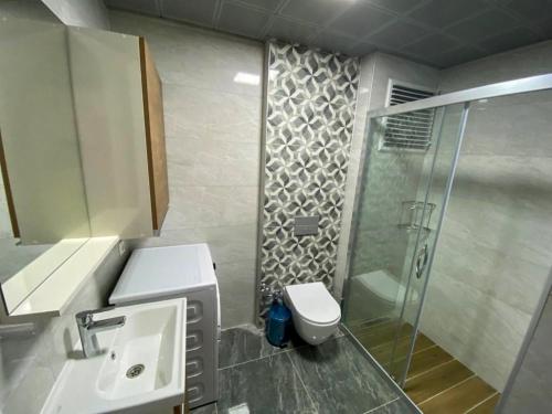 a bathroom with a shower and a sink and a toilet at Easy Stay Mia Suites in Aydın