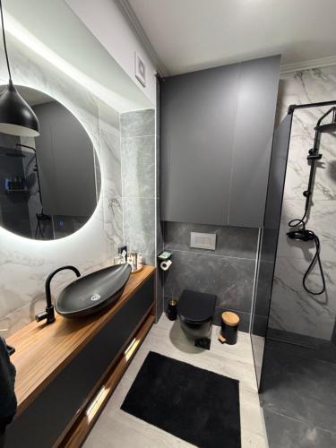 a bathroom with a sink and a mirror at Nanna apartman in Ruma