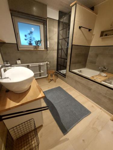 a bathroom with a sink and a toilet and a tub at Ferienwohnungen Naheliebe in Bärenbach