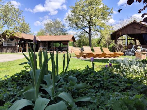 a garden with chairs and flowers in a park at Bóbita Apartmanház in Szilvásvárad
