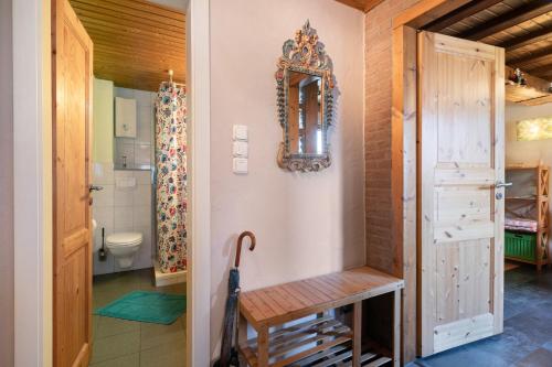 a bathroom with a toilet and a mirror on the wall at Toms Hütte in Udler