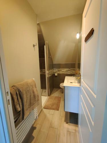 a small bathroom with a sink and a toilet at LE RUBAN BLEU FACE A LA MER in Arromanches-les-Bains