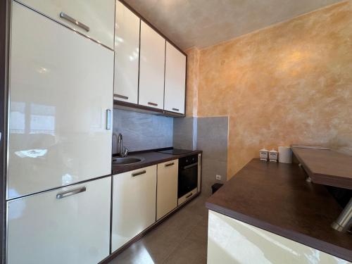 a kitchen with a refrigerator and a sink at Przno Sea Pearl - Seaview Holiday apartment in Pržno