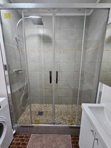 a shower with a glass door in a bathroom at Plage Pereire Arcachon vue sur mer in Arcachon