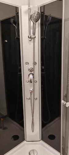 a shower in a bathroom with two mirrors at Pensiunea Terra Serenity in Snagov