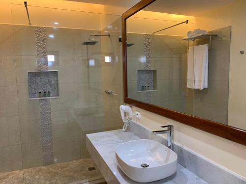 a bathroom with a sink and a shower at Hotel Viajante in Landusane