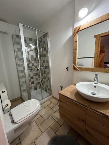 a bathroom with a sink and a toilet and a shower at Casa Lazer in Tonadico