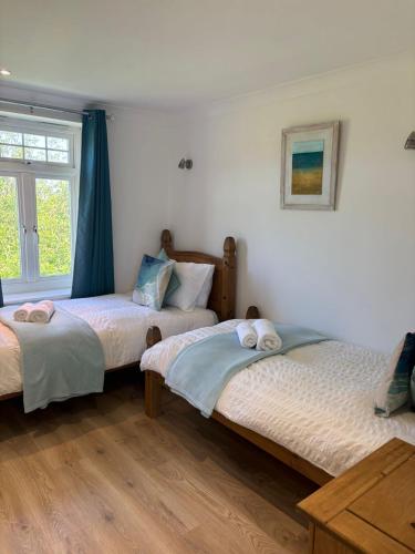 a bedroom with two beds and a window at Seashells in Newquay