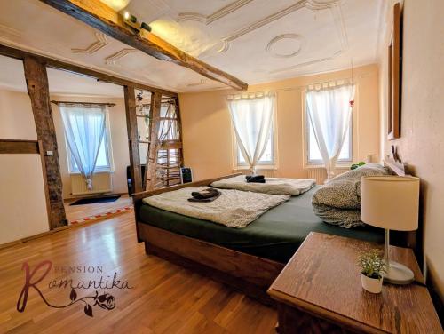 a bedroom with a large bed and two windows at Gästehaus Pension Romantika in Cochem