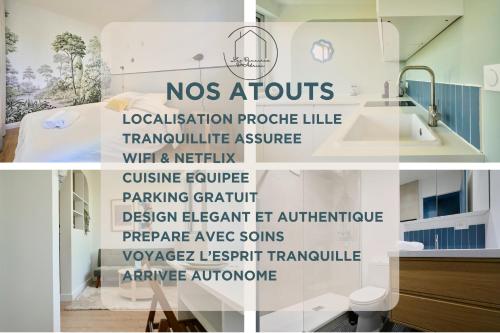 a collage of photos of a bathroom and a bedroom at Le Nid - Parking - 15 min centre de Lille in Wasquehal