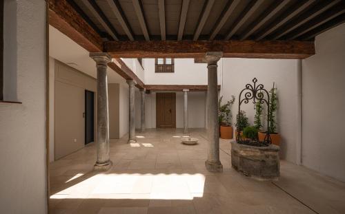an empty hallway with columns and plants in a building at Casa Palacio Taubin in Granada