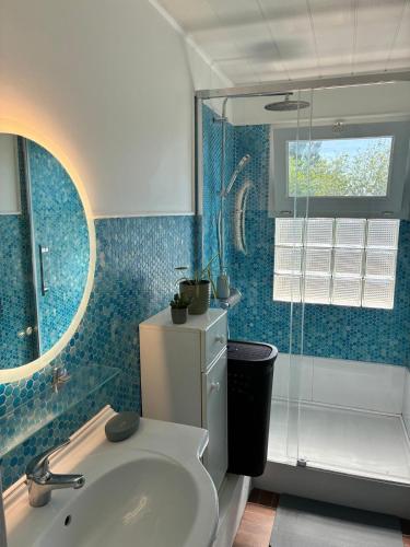 a bathroom with a tub and a sink and a mirror at LA Petite ferme 1 in Saint-Maur-des-Fossés
