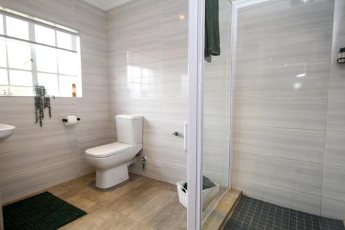 a white bathroom with a toilet and a shower at Scheunberg 4 Modern 1 Bedroom Flat in Centurion