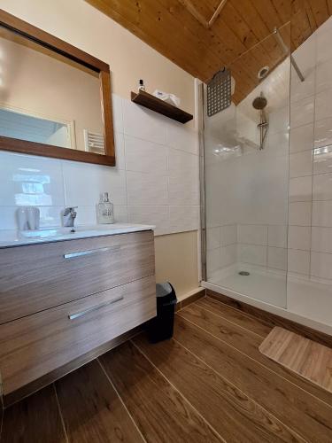 a bathroom with a shower and a sink and a tub at Studio 09 in Sulniac