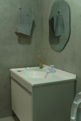 a bathroom with a sink and a mirror at Kitnet confortável in Foz do Iguaçu