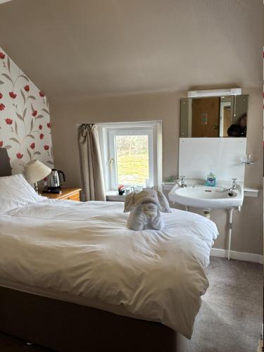 a bed with a stuffed animal sitting on top of it at Achness Hotel in Lairg